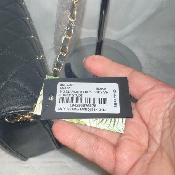 Badgley Mischka Black Diamond Quilted Crossbody Bag with Chain Strap - Picture 8 of 11